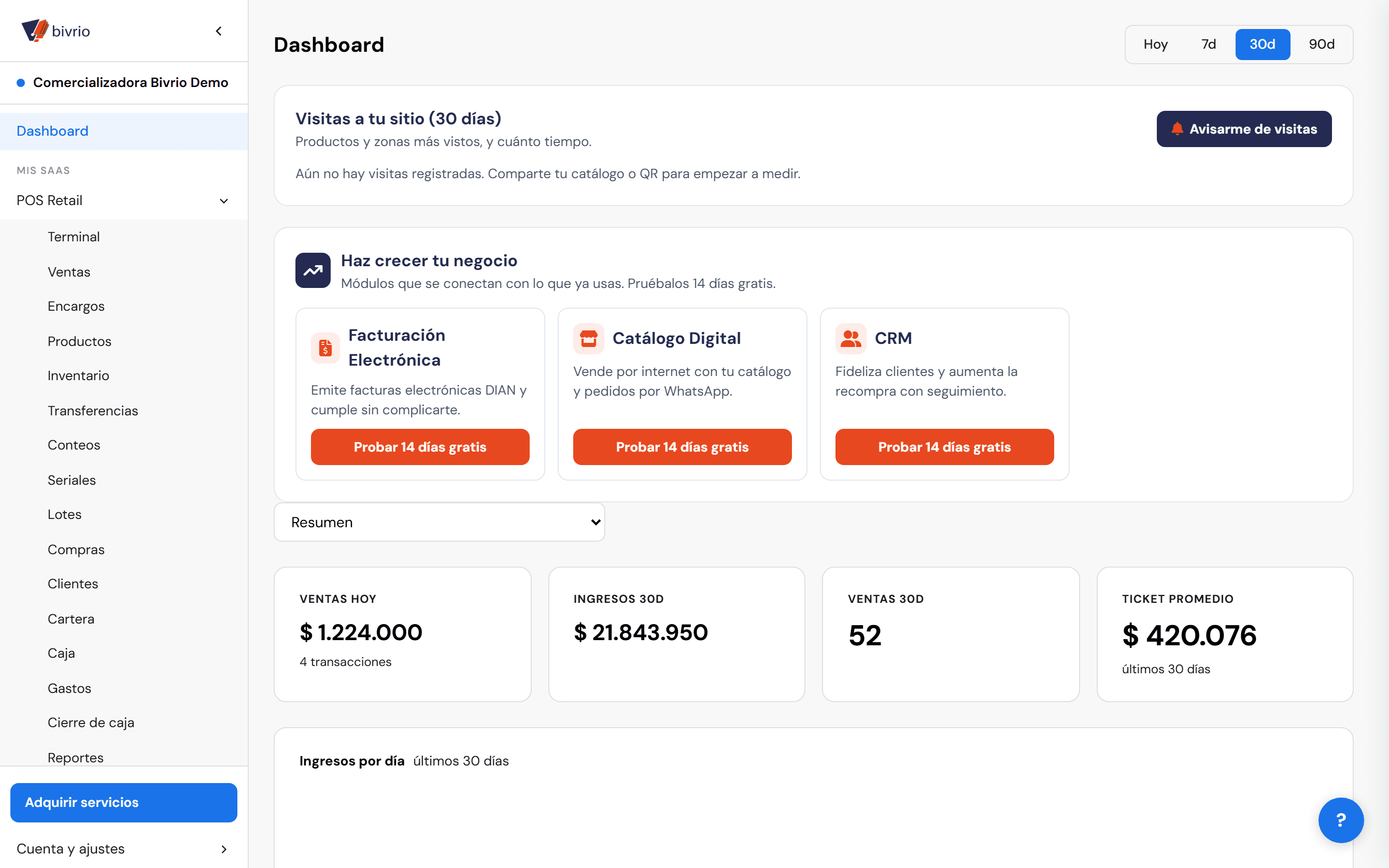 Panel de control de Bivrio con ventas, inventario y reportes en tiempo real