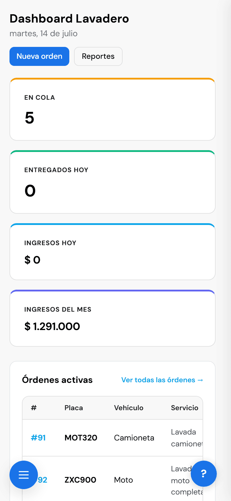 Bivrio — módulo carwash en celular