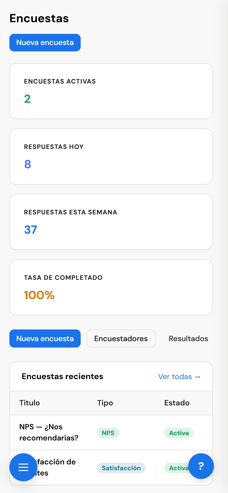 Bivrio — módulo surveys en celular